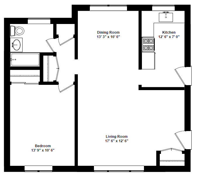 Floor plan for 1 bed, 1 bath, 600 sqft